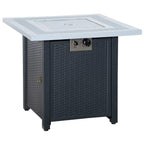 Black and grey gas firepit table with glass top and wicker-style cabinet