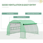 Green greenhouse tent with 12 windows, roll-up side covers, and zipped door