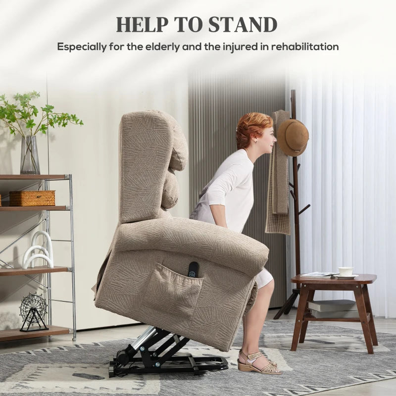 Khaki electric riser recliner chair with built-in headrest and lift base