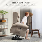 Khaki electric riser recliner chair with built-in headrest and lift base