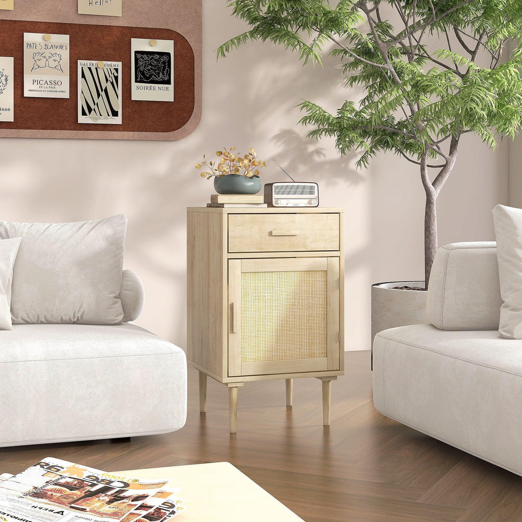 Bedside Table, Rattan Side Tables with Drawer, Cabinet and Adjustable Shelf, Boho Bedside Cabinet with Storage for Bedroom, Living Room, Natural Wood Effect - Bobobiy