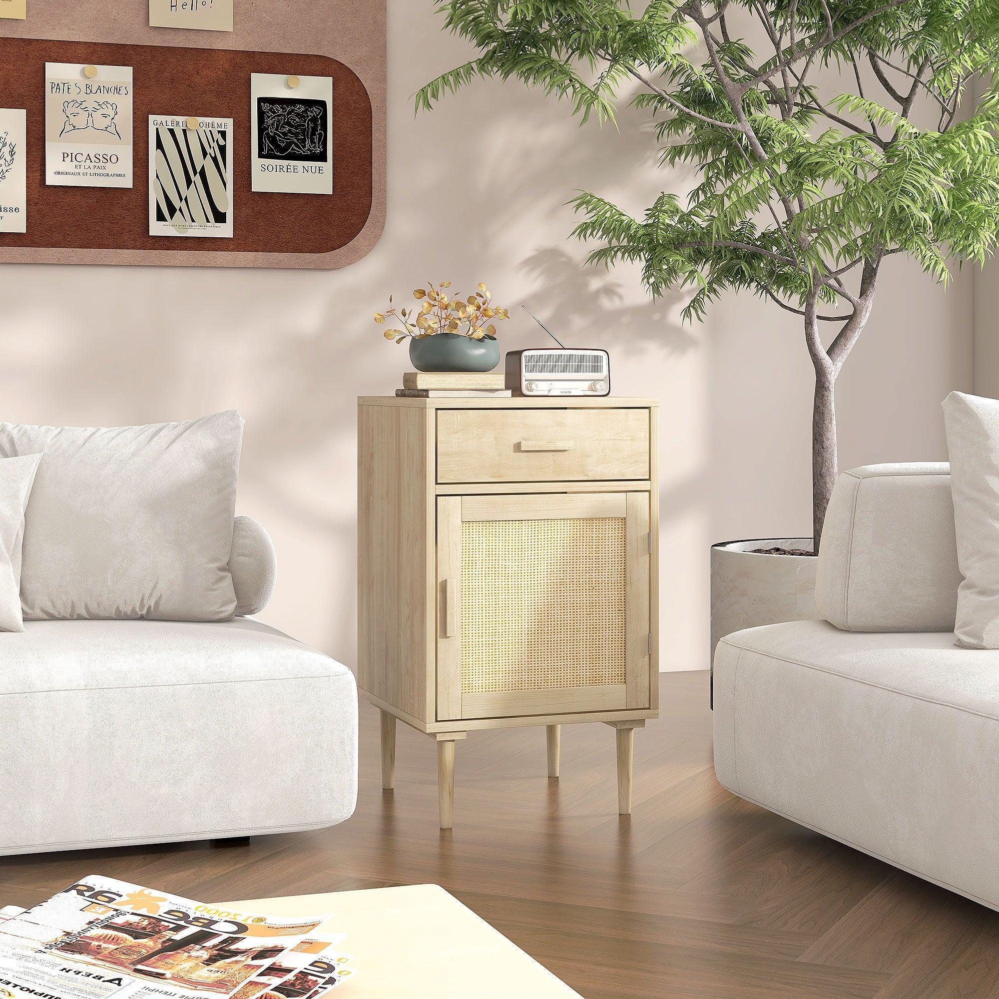 Bedside Table, Rattan Side Tables with Drawer, Cabinet and Adjustable Shelf, Boho Bedside Cabinet with Storage for Bedroom, Living Room, Natural Wood Effect - Bobobiy