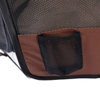 Portable pet playpen lower side mesh pocket attached to brown fabric panel.