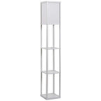 White 3-tier floor lamp with acrylic shade and three open storage shelves