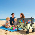 Folding garden trolley wagon on sand with mesh sides and toys loaded inside