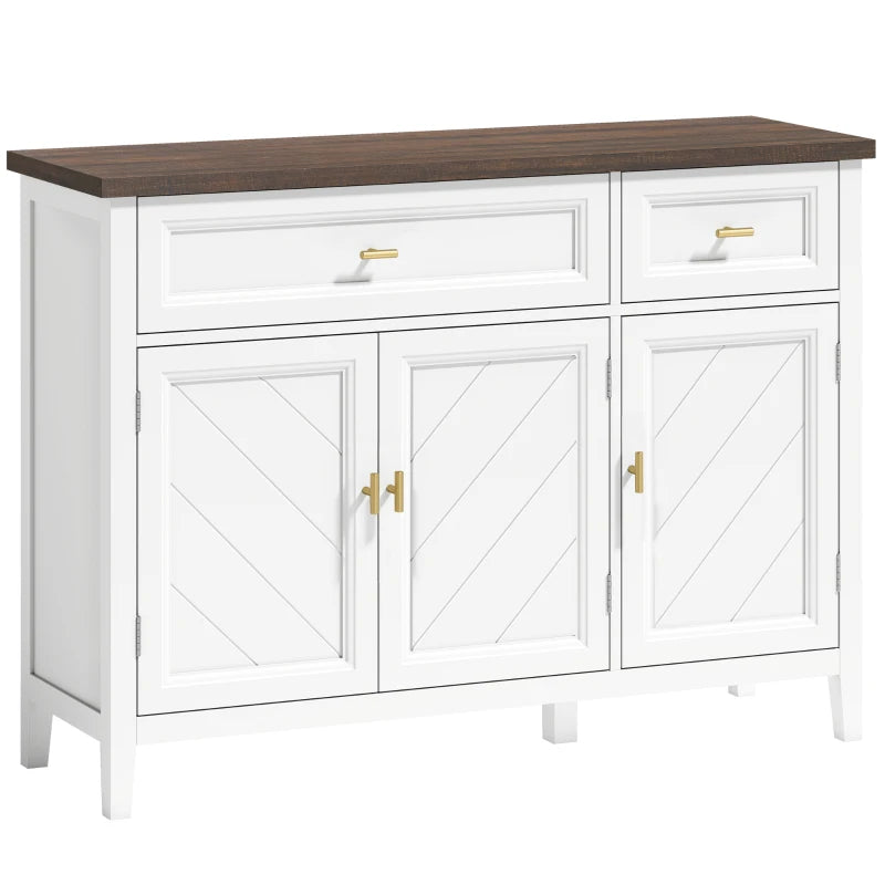 White sideboard with brown top, three paneled doors, two drawers, and gold handles.