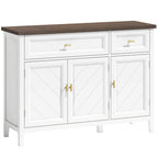 White sideboard with brown top, three paneled doors, two drawers, and gold handles.