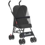 Black foldable pet stroller with front wheels and mesh canopy window
