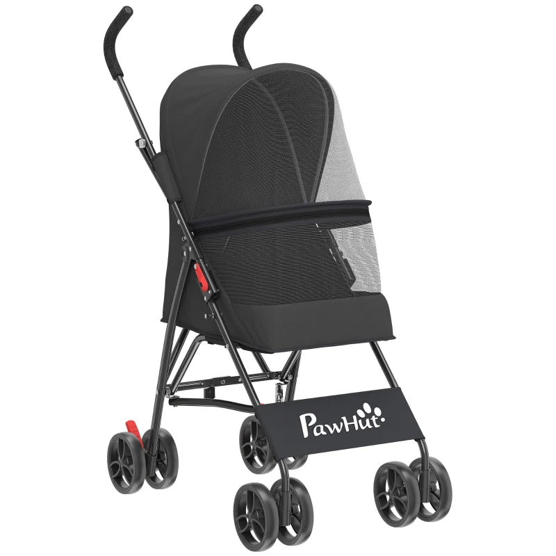 Black foldable pet stroller with front wheels and mesh canopy window