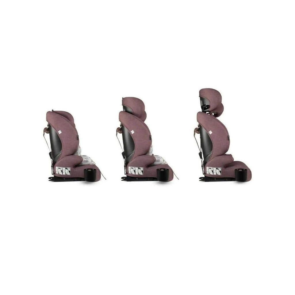 Car seat side views in dark plum fabric with winged headrest and base