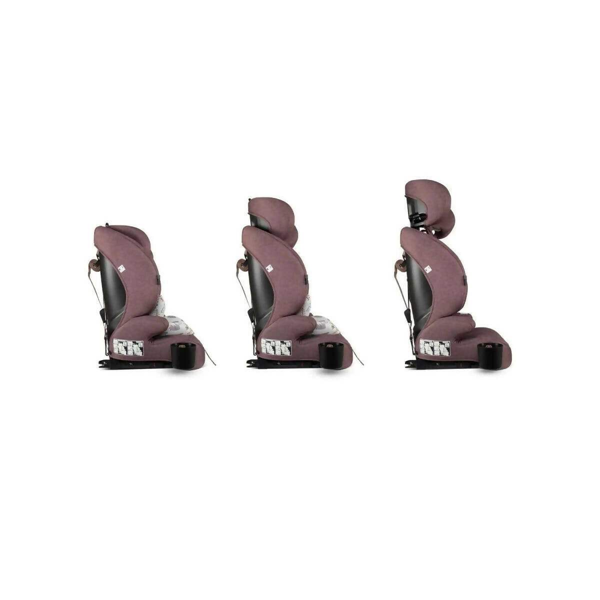 Car seat side views in dark plum fabric with winged headrest and base