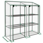 Three-shelf mini greenhouse with clear panels and green metal frame, open front