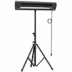 Black infrared patio heater with tripod stand and hanging power cord