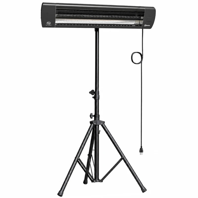 Black infrared patio heater with tripod stand and hanging power cord