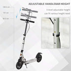 Silver folding kick scooter with adjustable handlebar height and black stem controls.