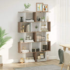 S-shaped freestanding bookshelf with open cubby tiers, oak shelves and white frame