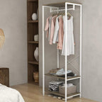 White coat rack standing organizer with hanging rail and two-tier grey shoe shelves