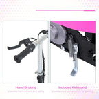 Pink foldable electric kids scooter with close-up hand brake and included kickstand
