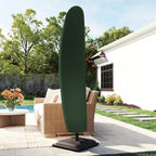 Green cantilever umbrella cover with snug tapered canopy over patio umbrella stand