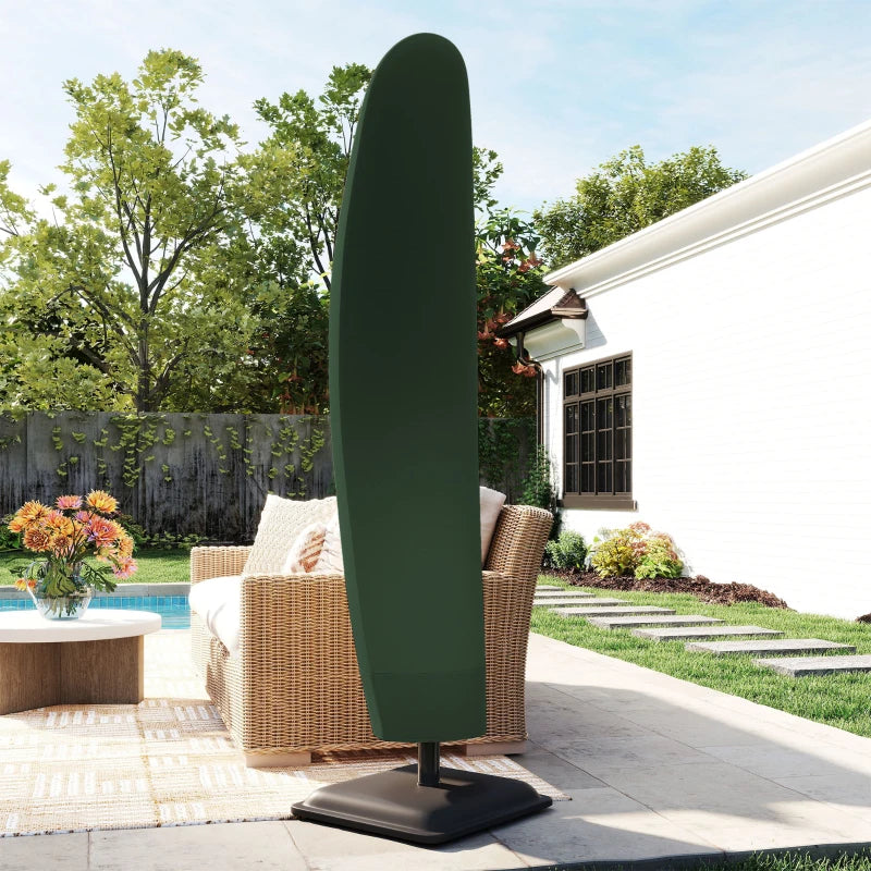 Green cantilever umbrella cover with snug tapered canopy over patio umbrella stand