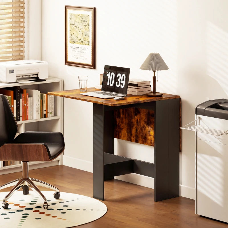 Rustic brown folding table with dark base for compact indoor use