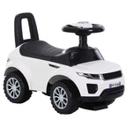 White toddler ride-on car with black steering wheel and horn; 4 wheels