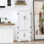 White floor storage cabinet with paneled double doors and black pull handles