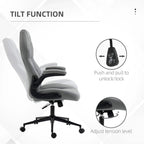 Light grey office chair with tilt mechanism, padded seat and back, swivel base