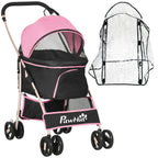 Pink and black pet stroller with mesh canopy and clear detachable rain cover accessory