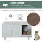 Grey wooden litter box enclosure with built-in scratching pad and open access doorway