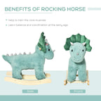 Green plush rocking dinosaur toy shown front and side, light wooden rocker base