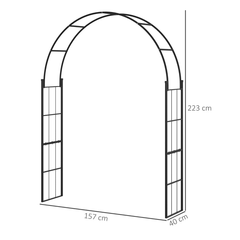 Black metal garden arch trellis with side lattice and 223 cm height