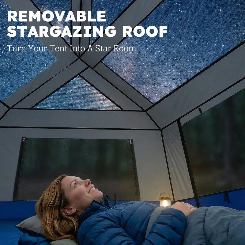 Blue tent roof panel with removable stargazing opening, interior lighting visible