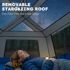 Blue tent roof panel with removable stargazing opening, interior lighting visible