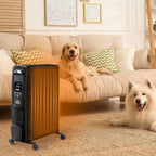 Black oil-filled radiator heater with digital display and remote beside it on floor
