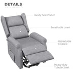 Grey fabric lift recliner features: side pocket, retractable footrest, steel frame