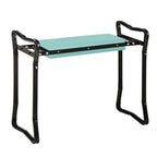 Foldable garden kneeler seat with dark green cushioned pad and black metal frame