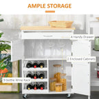 White kitchen cart opened to show drawer, glass holder compartment, cabinets, and 9-bottle rack