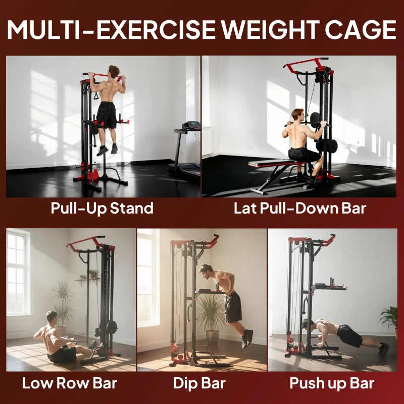 Multi-exercise power tower with pull-up stand, lat pull-down, low-row, dip and push-up.