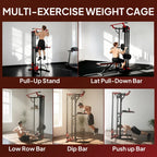 Multi-exercise power tower with pull-up stand, lat pull-down, low-row, dip and push-up.
