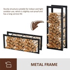 Black metal firewood rack frame with horizontal supports and hinged side panels