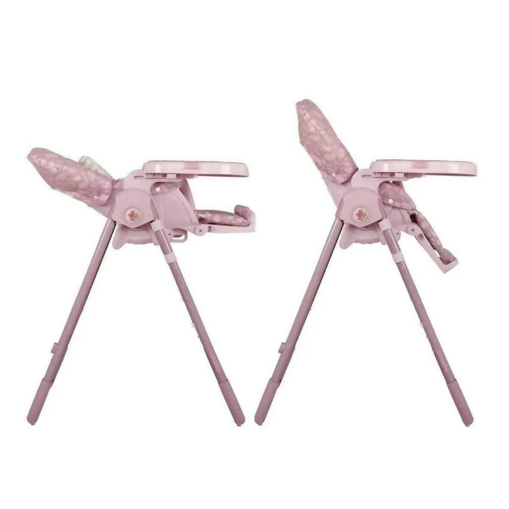 Pink patterned 0+ highchair pair shown side angles with tray and padded recline seats
