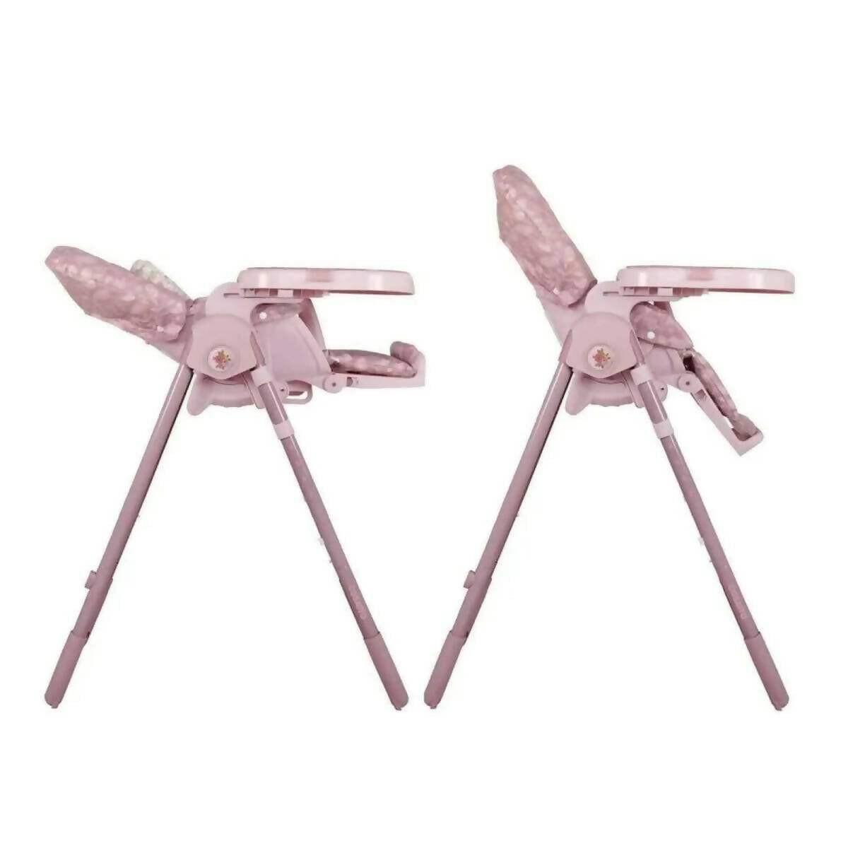 Pink patterned 0+ highchair pair shown side angles with tray and padded recline seats