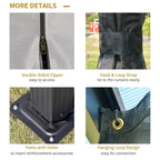 Gazebo curtain hardware details: double-sided zipper, tie straps, and reinforced corner feet