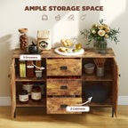 Rustic brown sideboard with open doors showing storage drawers and compartments