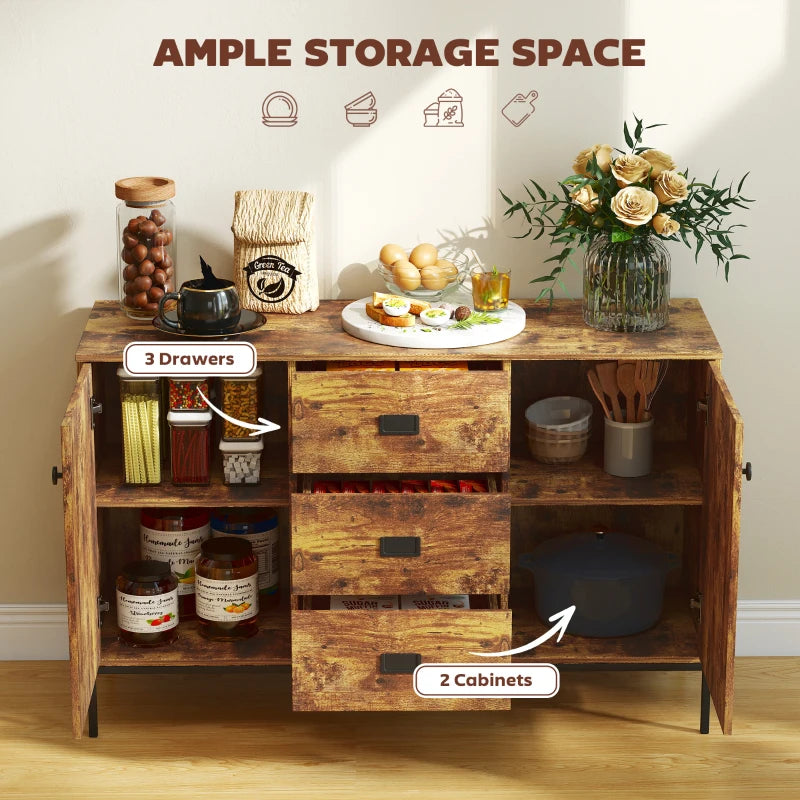 Rustic brown sideboard with open doors showing storage drawers and compartments