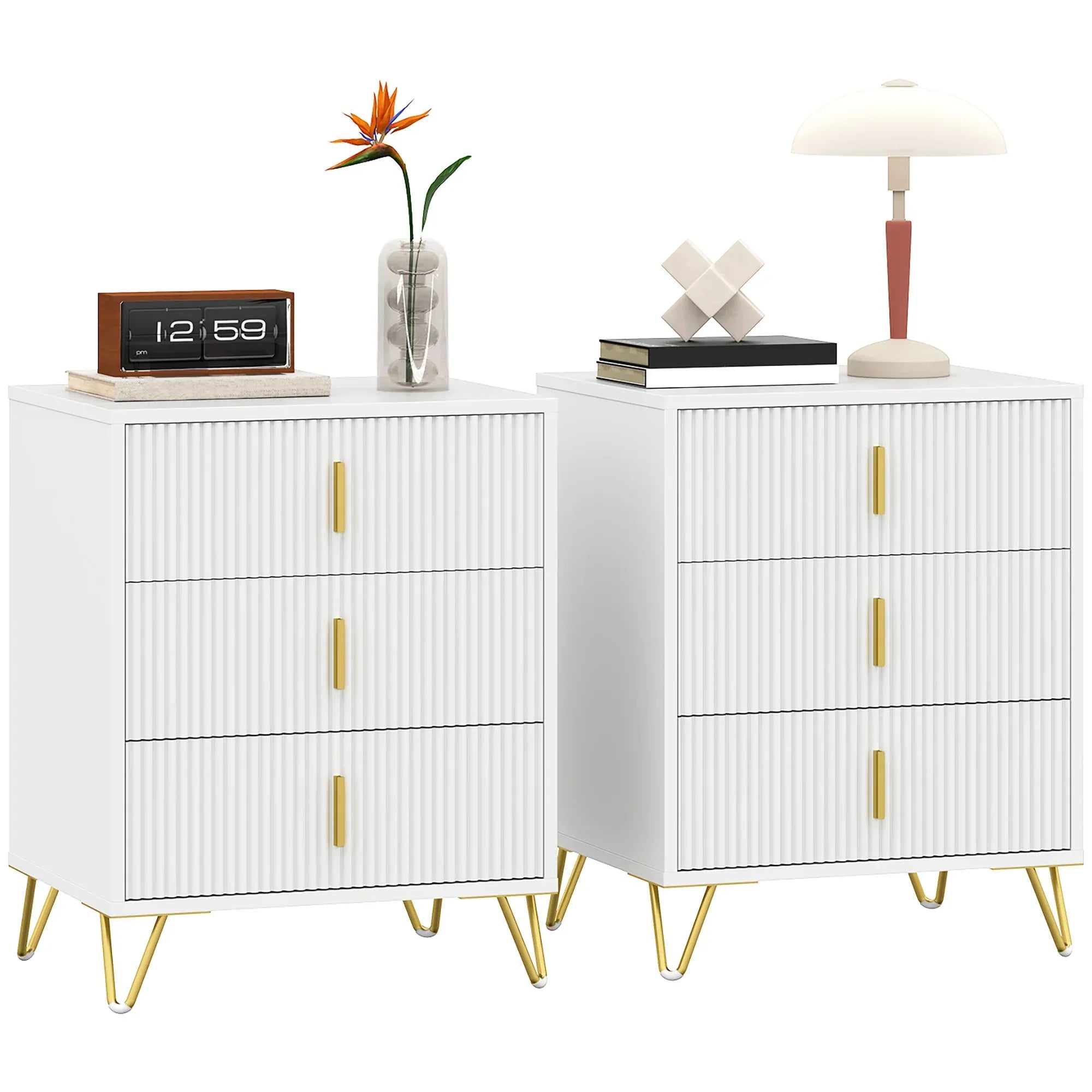 Set of 2 Elegant Chest of Three Drawers - White/Gold-Tone - Bobobiy