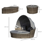 Round daybed dimensions diagram with canopy, grey cushions, and woven wicker frame