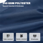 Dark blue polyester cushion fabric close-up with smooth textured surface