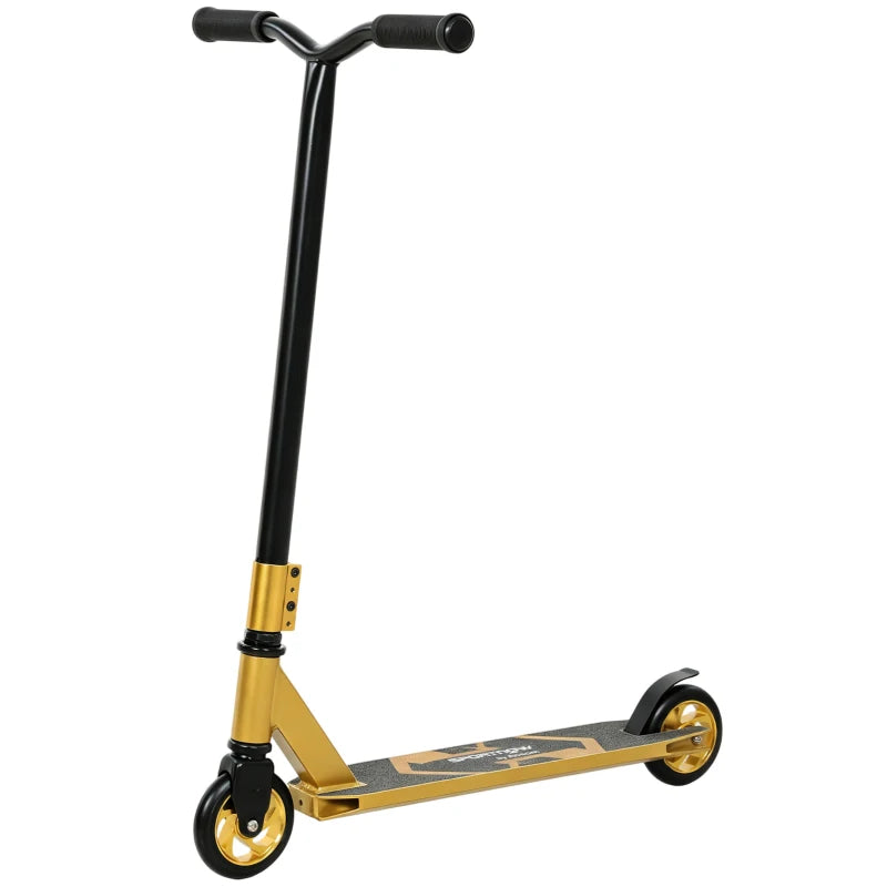 Gold-tone stunt scooter with black handlebar grips and front wheel